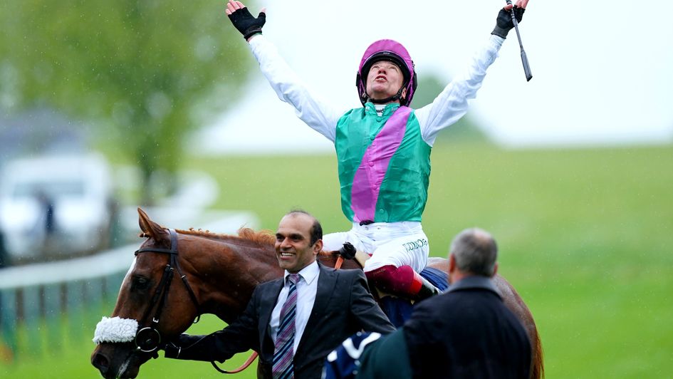 Frankie Dettori looks to the skies after winning on Chaldean