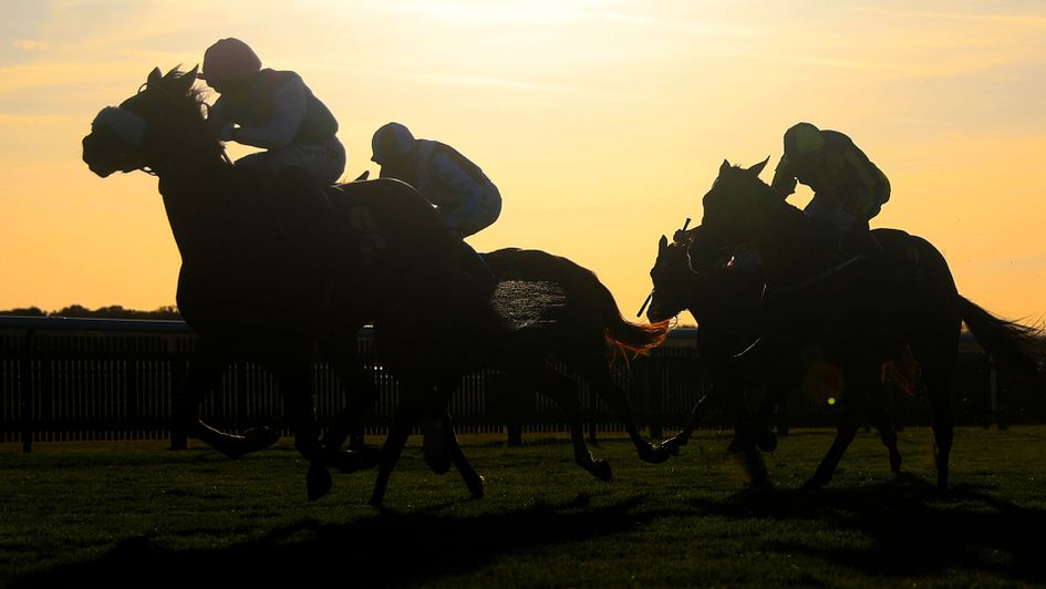 Runners and riders make their way down the home straight during The British Stallion Studs EBF 'Jersey Lily' Fillies Nursery Handicap Stakes