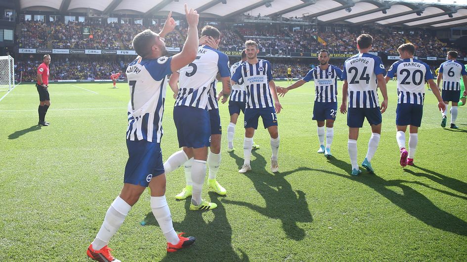 Brighton celebrate Neal Maupay's goal against Watford