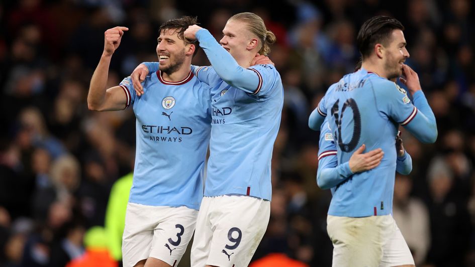 Erling Haaland (centre): Man City ace celebrates one of five goals against RB Leipzig