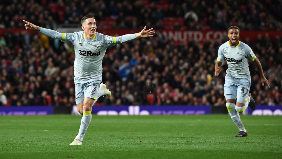 Derby's Harry Wilson, on loan from Liverpool, celebrates after scoring against Man United at Old Trafford