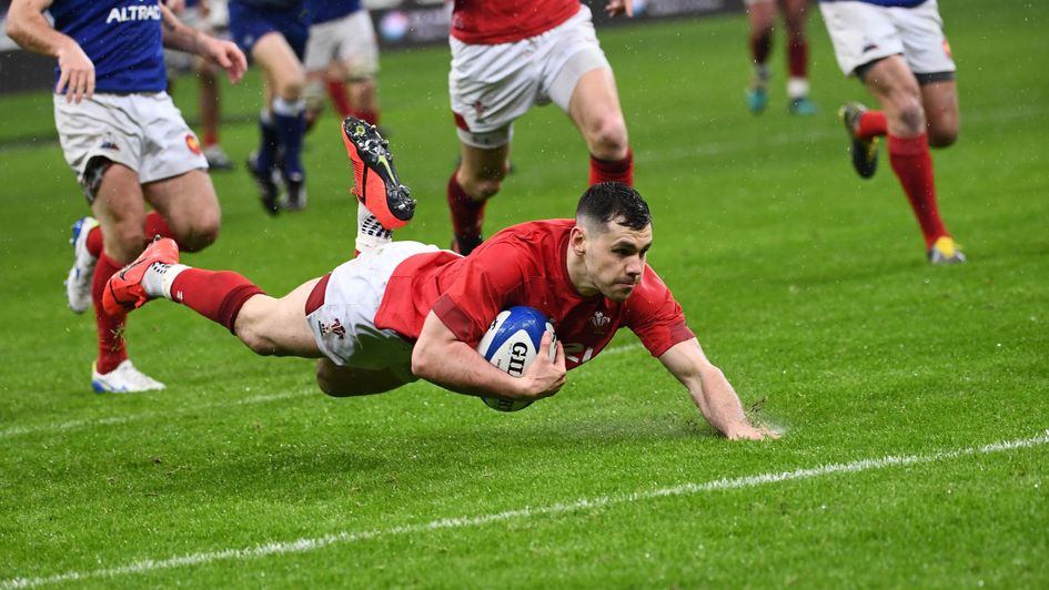 Wales' Tomos Williams scores a try during the Six Nations clash with France