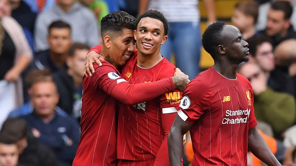 Trent Alexander-Arnold, Roberto Firmino and Sadio Mane celebrate for Liverpool