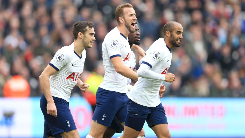 All smiles for Tottenham, as they celebrate their second goal at West Ham