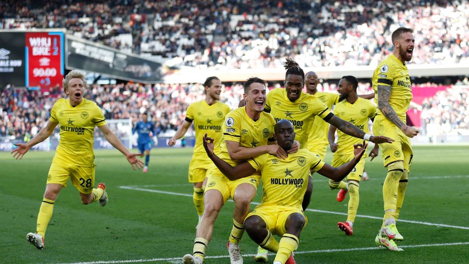 Brentford's Yoane Wissa celebrates after scoring their late winner at West Ham