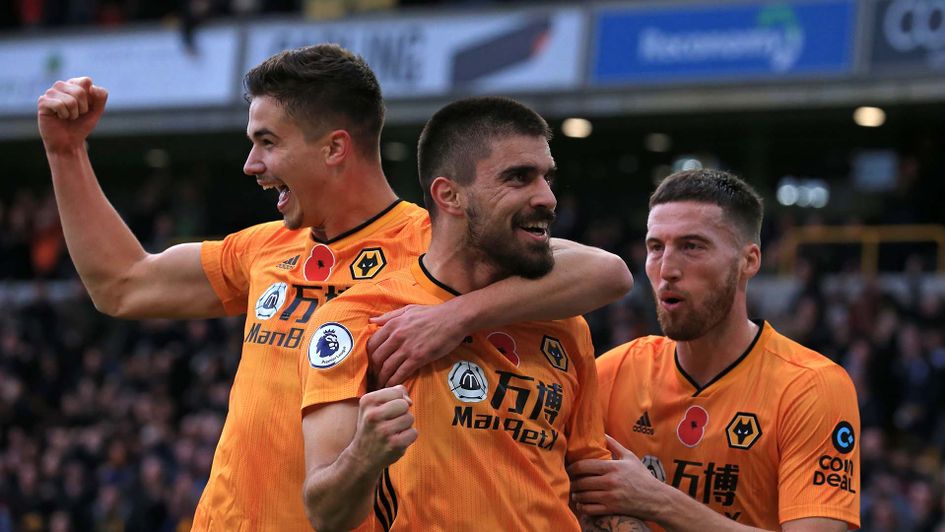 Ruben Neves celebrates scoring for Wolves against Aston Villa