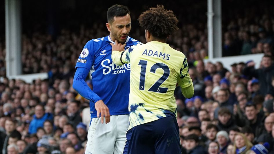 Everton's Dwight McNeil squares up to Leeds United's Tyler Adams