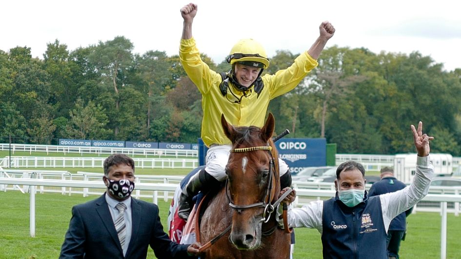 Tom Marquand celebrates his Champion Stakes win aboard Addeybb