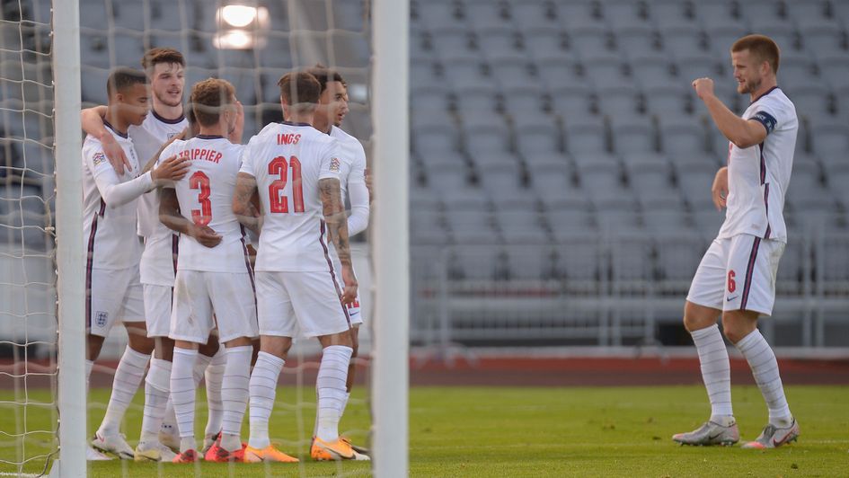 England celebrate Raheem Sterling's late penalty against Iceland in the Nations League