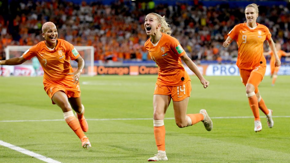 Jackie Groenen: Celebrations for the Netherlands ace (centre) after scoring in the semi-final