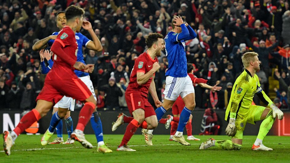 Liverpool celebrate their late goal against Leicester