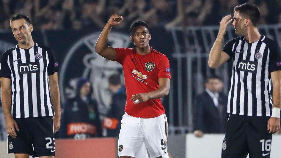 Anthony Martial celebrates scoring for Manchester United at Partizan Belgrade in the Europa League