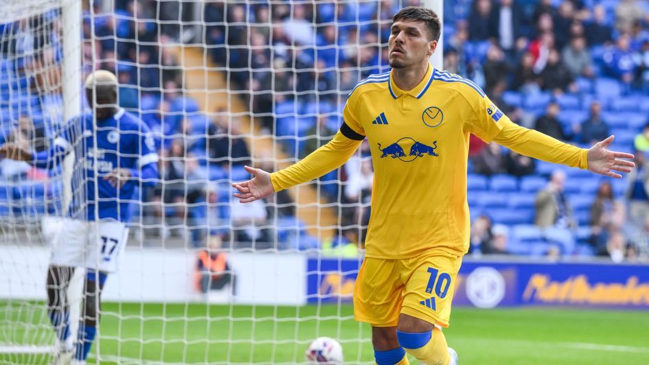 Joel Piroe celebrates a goal for Leeds