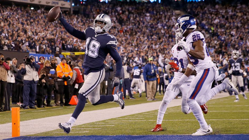 Amari Cooper celebrates a touchdown for Dallas Cowboys against New York Giants