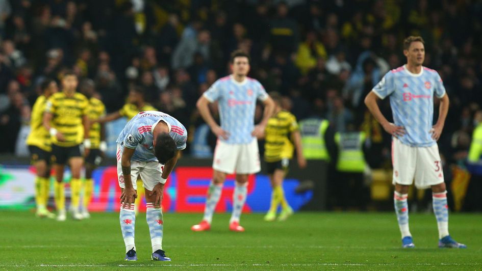 Manchester United players react during their heavy defeat to Watford