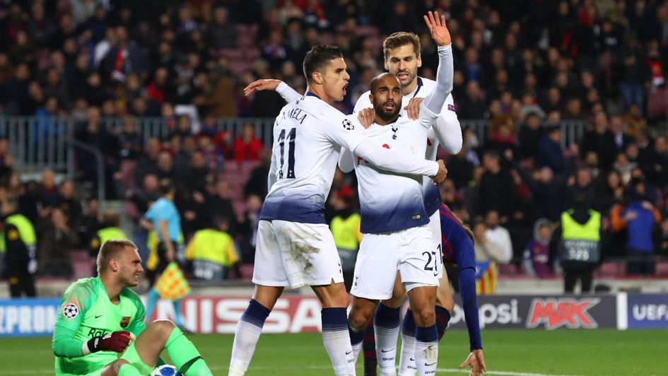 Lucas Moura celebrates after scoring against Barcelona