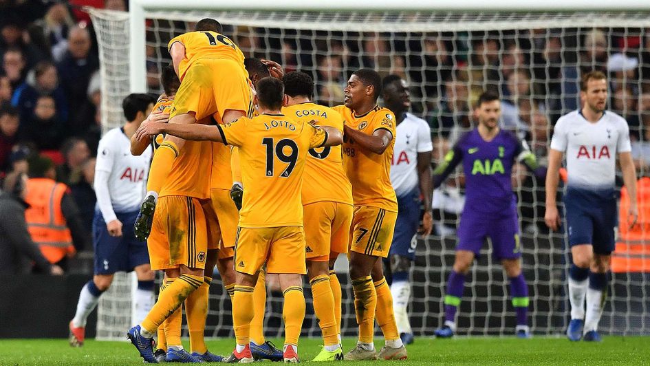 Wolves celebrate their win against Tottenham at Wembley