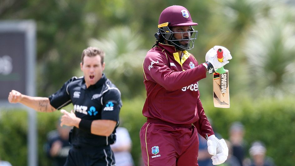 Doug Bracewell celebrates dismissing Chris Gayle