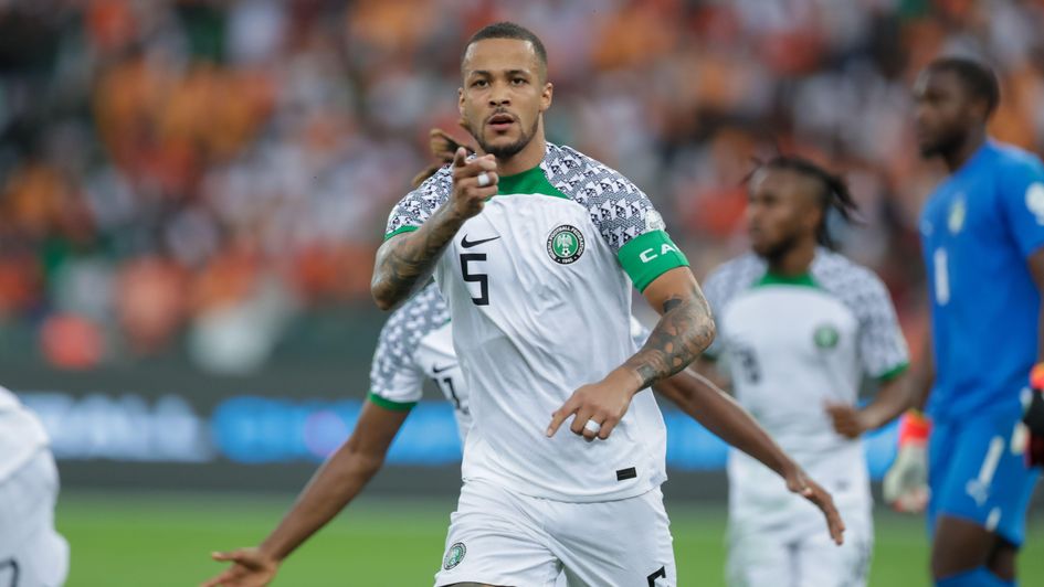 Nigeria defender William Troost-Ekong celebrates scoring against Ivory Coast