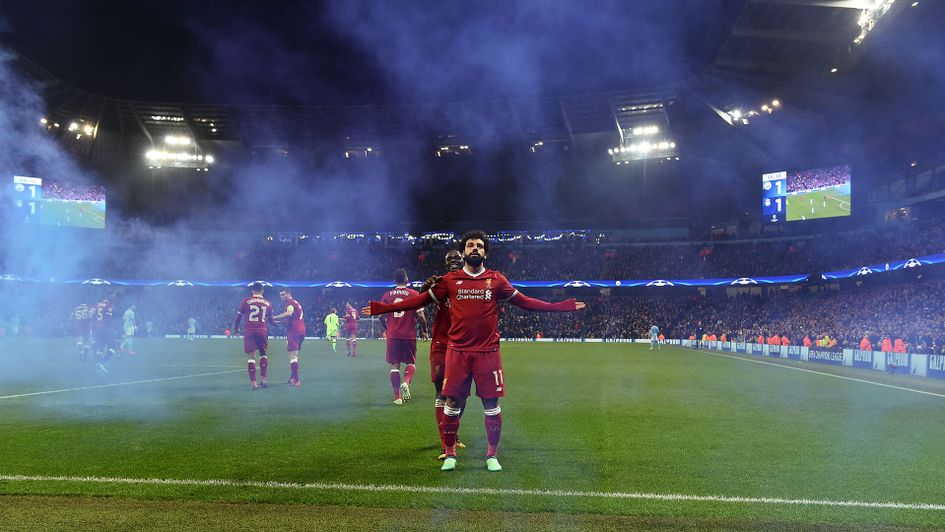 Mo Salah celebrates after scoring v Man City in the Champions League