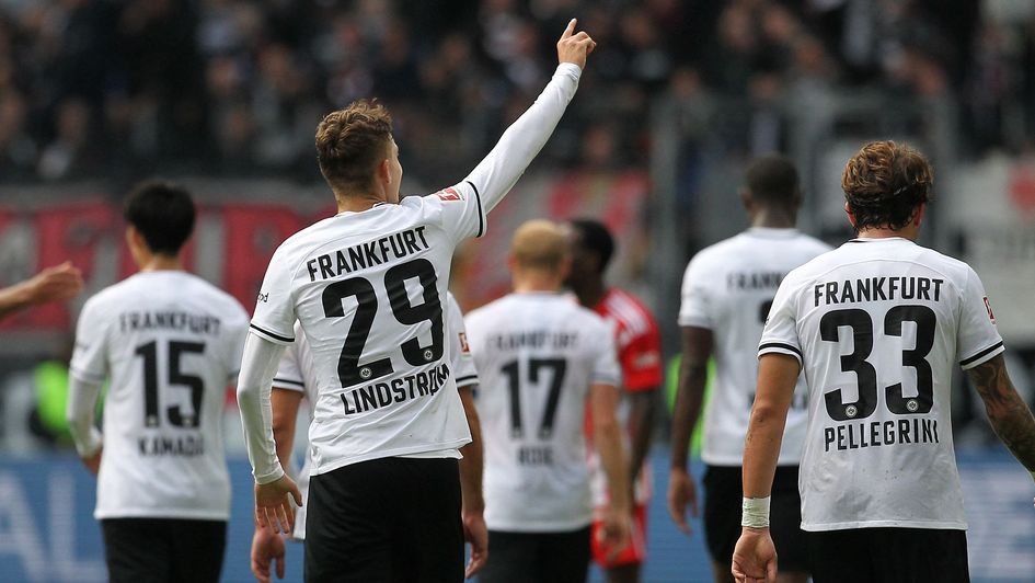 Jesper Lindstrom celebrates a goal for Eintracht Frankfurt