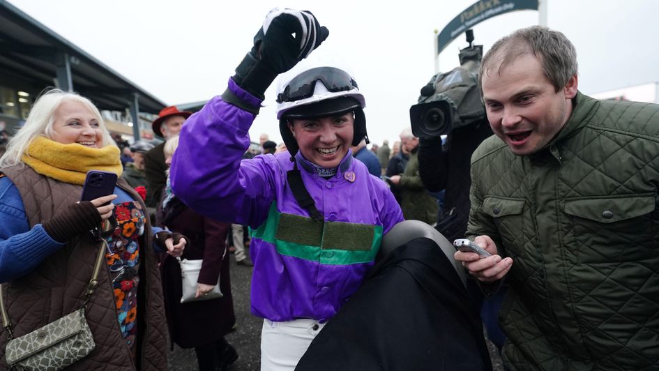 Bryony Frost celebrates her Exeter win