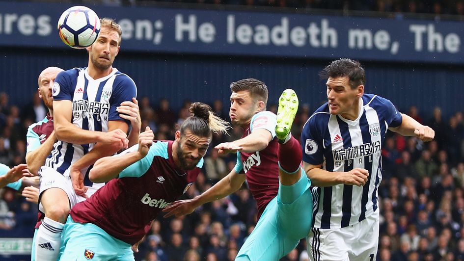 Gareth Barry heads at goal during his 632nd Premier League apperance