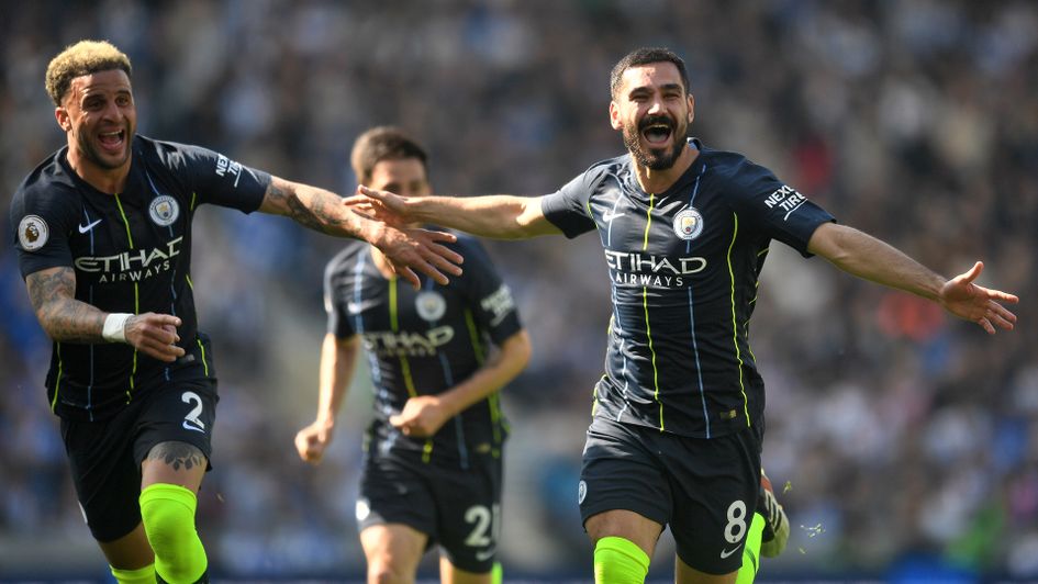 Ilkay Gundogan celebrates scoring to secure Manchester City to the title