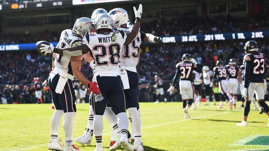 The New England Patriots celebrate a touchdown in the NFL