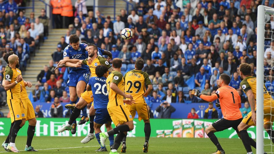 Harry Maguire heads in Leicester's second