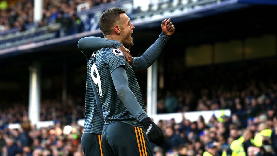 Jamie Vardy celebrates scoring a goal for Leicester against Everton