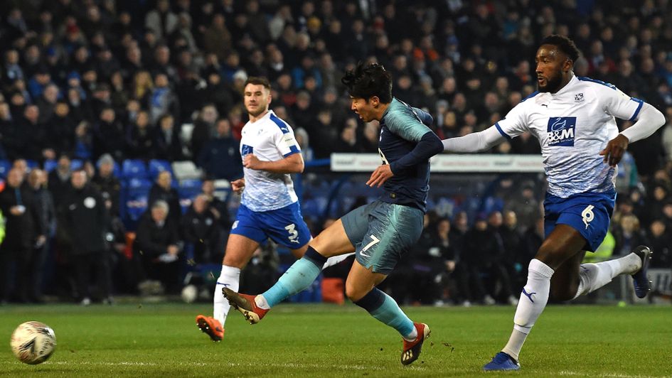 Son Heung-Min has an attempt on goal against Tranmere