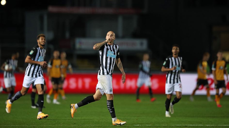 Jonjo Shelvey celebrates his goal against Newport