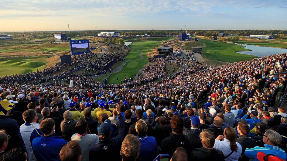 Huge crowds on the first tee at the Ryder Cup