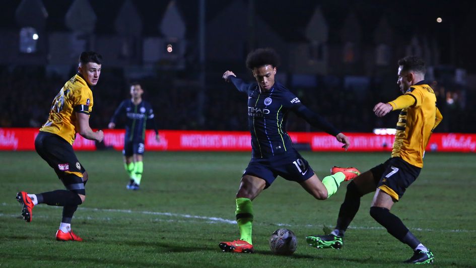 Leroy Sane tries his luck for Man City against Newport