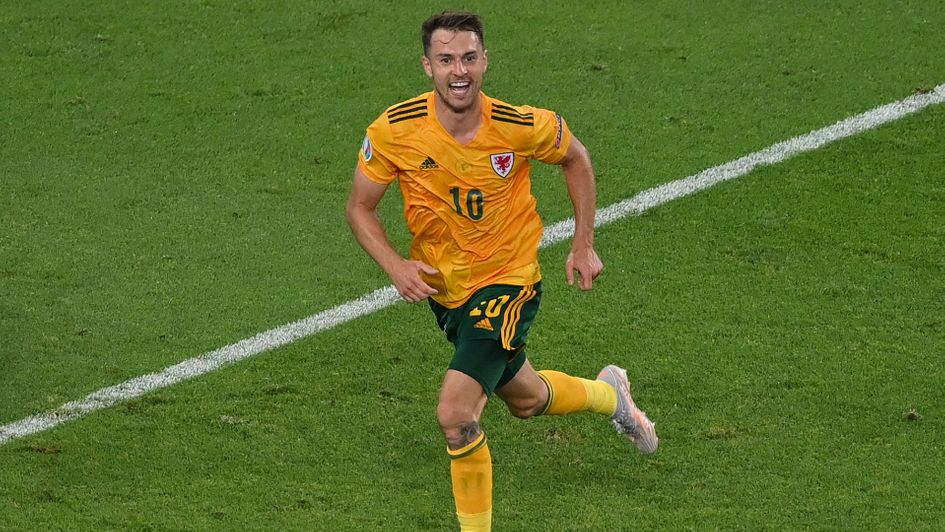 Aaron Ramsey celebrates a goal for Wales at Euro 2020