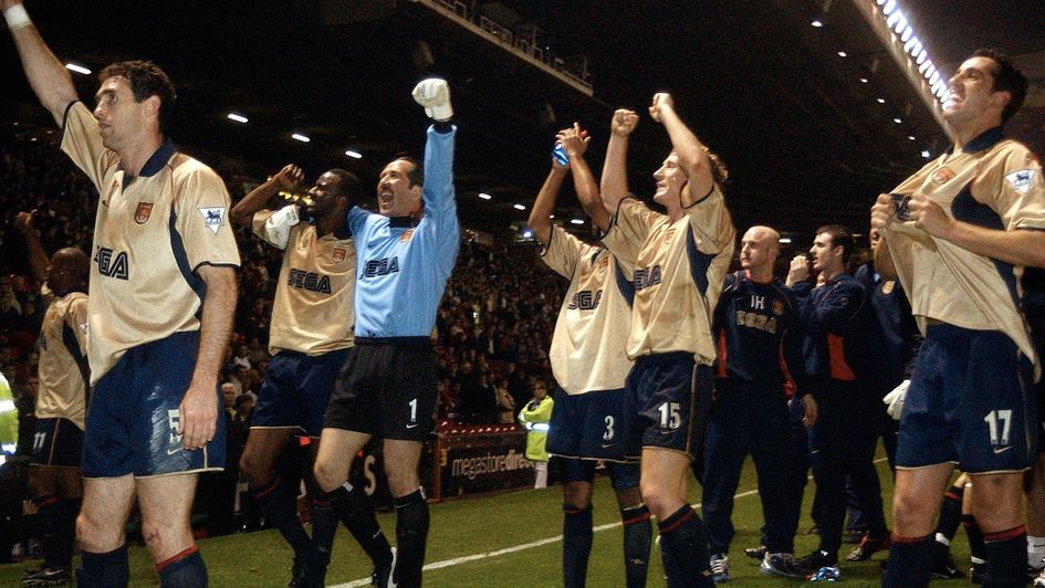 Arsenal celebrate their Premier League joy at Old Trafford