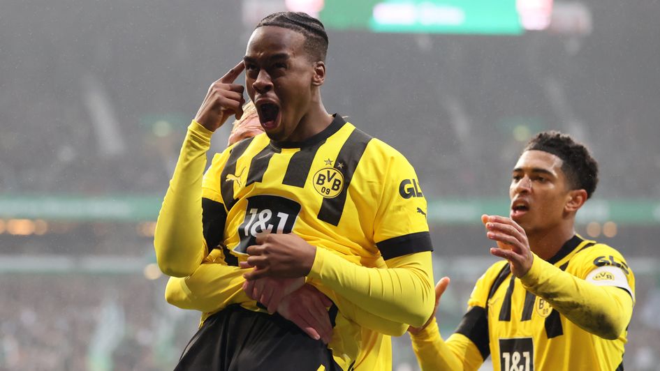 Jamie Bynoe-Gittens celebrates a goal for Borussia Dortmund