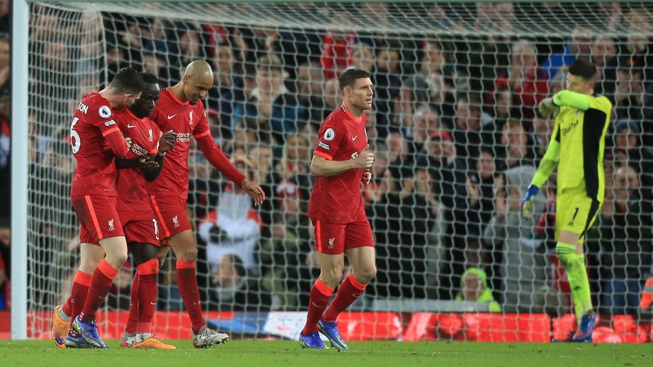 Liverpool celebrate one of their six goals against Leeds