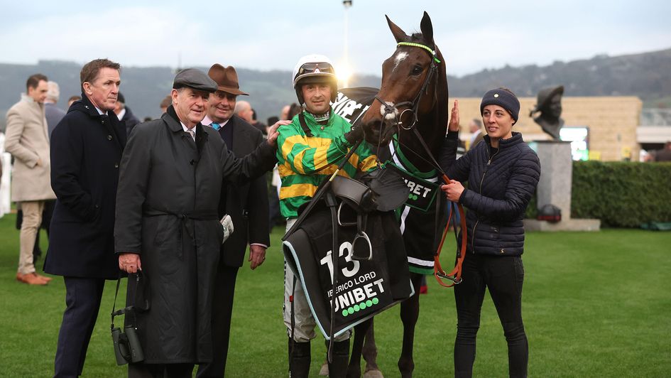 Nico de Boinville celebrates winning The Unibet Greatwood Handicap Hurdle on Iberico Lord