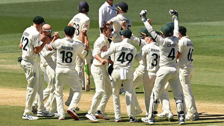 Australia celebrate their huge win in Adelaide