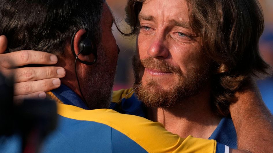 An emotional Tommy Fleetwood with Jose Maria Olazabal