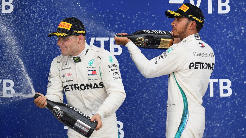 Lewis Hamilton (right) celebrates with Valtteri Bottas