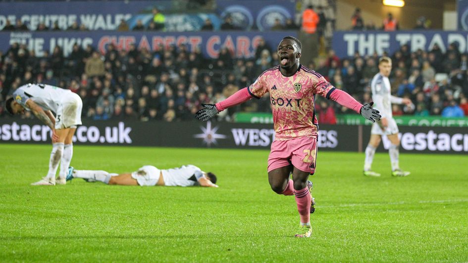 Wilfried Gnonto celebrates a goal against Swansea