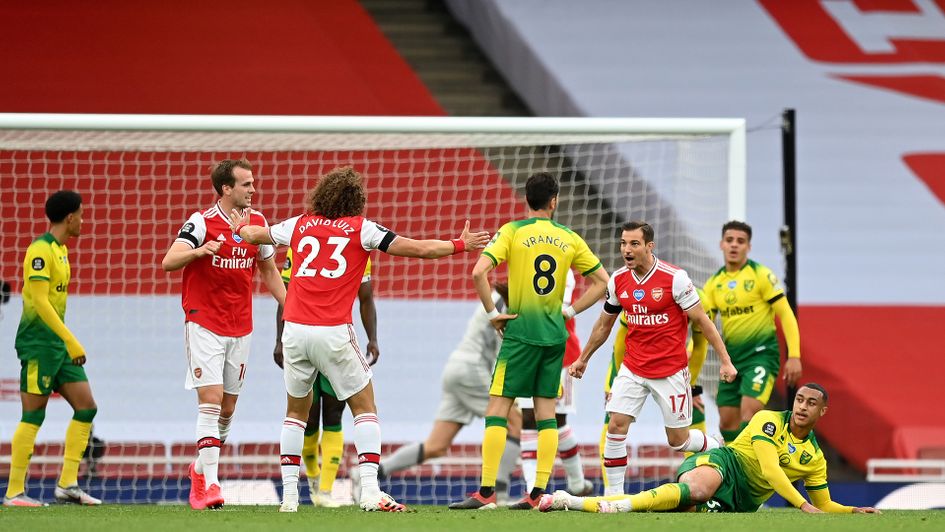 Cedric Soares celebrates his goal against Norwich