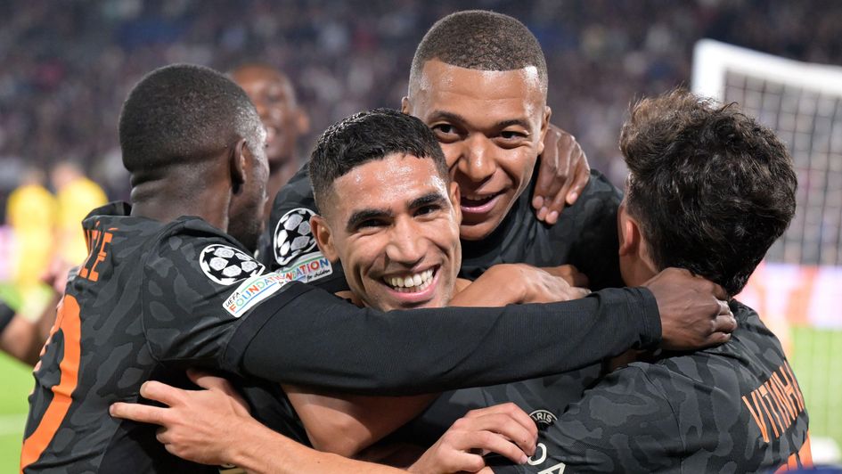 PSG celebrate Achraf Hakimi's goal against Dortmund