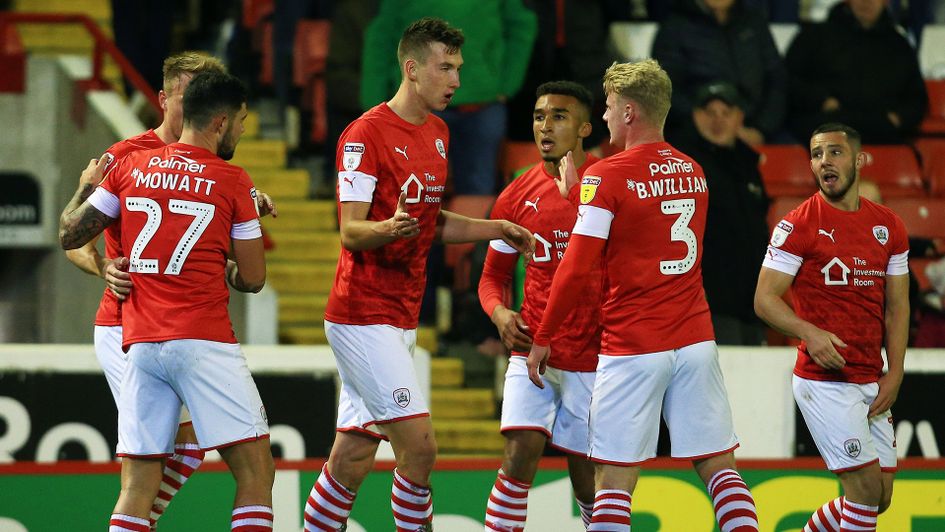 Barnsley celebrate Aapo Halme's goal against Derby