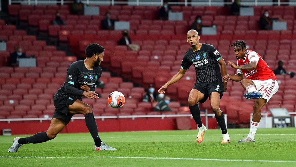 Reiss Nelson scores Arsenal's second goal against Liverpool