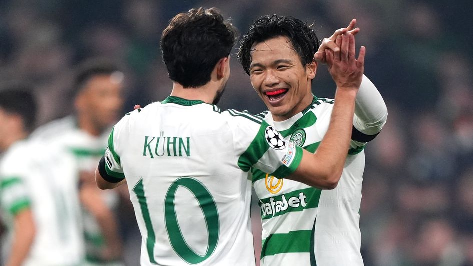 Celtic's Reo Hatate celebrates scoring the third goal against Leipzig