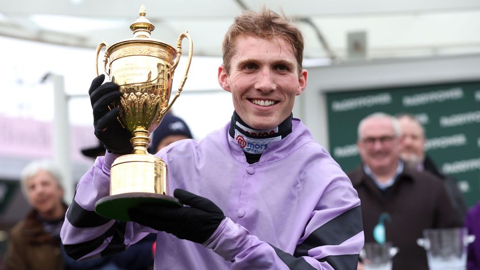 Harry Cobden celebrates with the Paddy Power Gold Cup